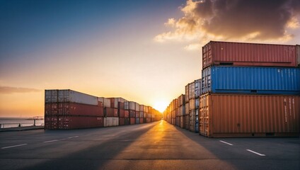 Row of cargo containers in the port - obrazy, fototapety, plakaty