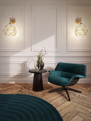 Living room with a white wall, moldings, wall lamps in golden metal, an armchair in blue fabric, a coffee table in marble and black metal, a plant, a blue carpet and herringbone parquet