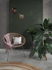 Living room with a concrete wall and a green wall, a rattan armchair with a cushion, a wicker carpet, potted plants, glass suspensions and a concrete floor