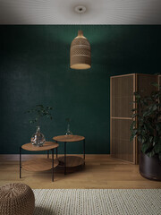 Living room with a green wall, a wicker pendant, wooden and metal coffee tables, plants in glass jars, a pouf, a carpet, a wind screen and parquet