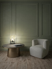 Living room with a pastel green wall, moldings, a metal and marble coffee table, a fabric armchair, a table lamp and parquet
