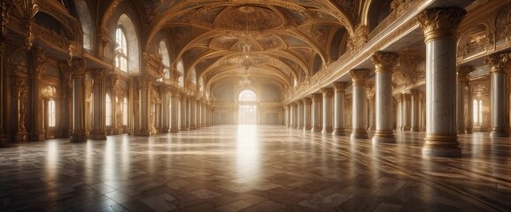 Grand ceremonial hall in a palace with many columns and arches, glossy vintage floor - obrazy, fototapety, plakaty