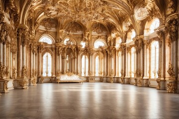 Fototapeta premium Grand ceremonial hall in a palace with many columns and arches, glossy vintage floor