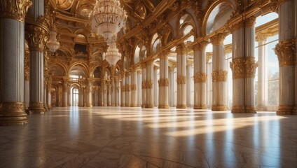 Grand ceremonial hall in a palace with many columns and arches, glossy vintage floor