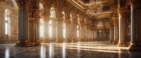 Grand ceremonial hall in a palace with many columns and arches, glossy vintage floor - obrazy, fototapety, plakaty