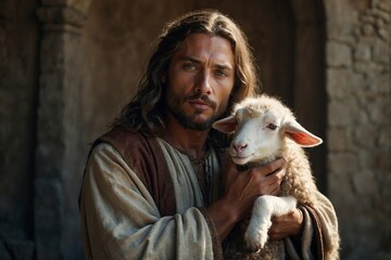 Man with long hair in ancient clothing, holding a lamb in his arms