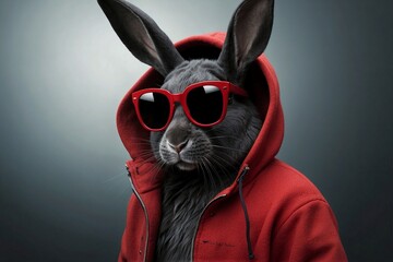 Black rabbit in glasses and hooded sweatshirt with ears