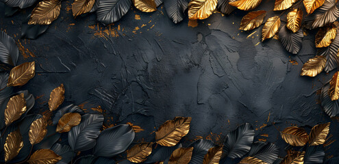 black and gold leaves on the screen, in the style of detailed feather rendering, romantic illustrations, photorealistic compositions, tropical symbolism, dark gray and bronze, poster, poetic elegance - obrazy, fototapety, plakaty
