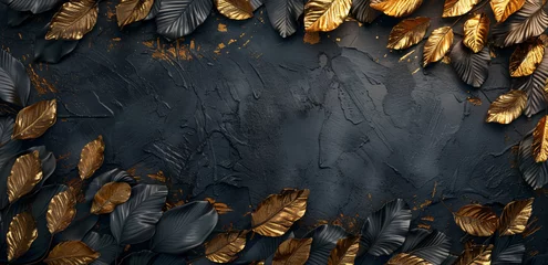 Foto op Canvas black and gold leaves on the screen, in the style of detailed feather rendering, romantic illustrations, photorealistic compositions, tropical symbolism, dark gray and bronze, poster, poetic elegance © Possibility Pages