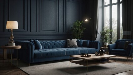 Living room with a blue sofa and a coffee table, dark-colored wall