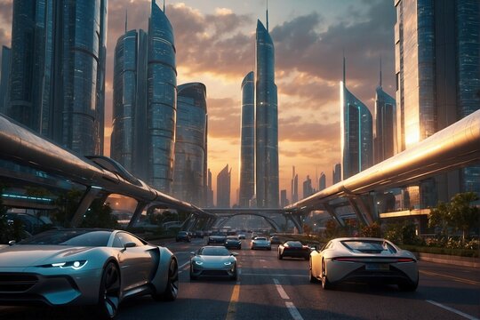 Futuristic city in the rays of the setting sun