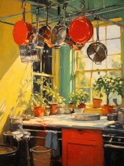 Fototapeta na wymiar A painting featuring pots and pans hanging from the ceiling, creating a visually interesting kitchen scene.