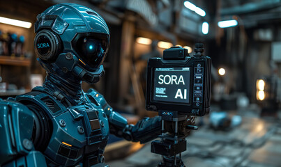 Advanced Humanoid Robot Filmmaker Demonstrating Sora Text-to-Video AI Model in a High-Tech Videography Studio Setting with Camera Equipment - obrazy, fototapety, plakaty