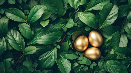 Creative Easter nature background. Green Spring leaves and gold Easter eggs Flat lay