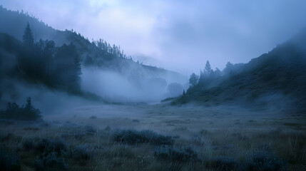 misty morning in the mountains,
A rain delay on a green golf course on a stormy cloud - obrazy, fototapety, plakaty