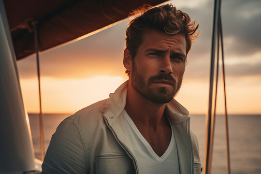 Photo of attractive man on a yacht against the background of a bronze sunset made with generative ai