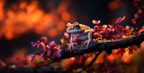 Chirpy Tree Frog Perched on Vine Highlight the charm of a tiny tree frog as it perches delicately on a twisting vine, its vibrant colors and expressive eyes adding a pop of whimsy to the jungle scene 