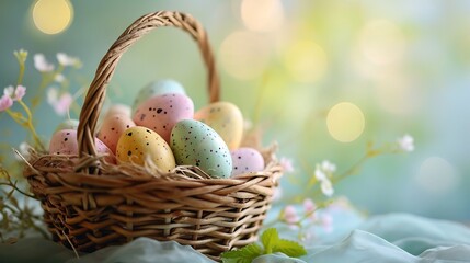 Easter basket filled with hand painted pastel Easter Eggs over a blue background