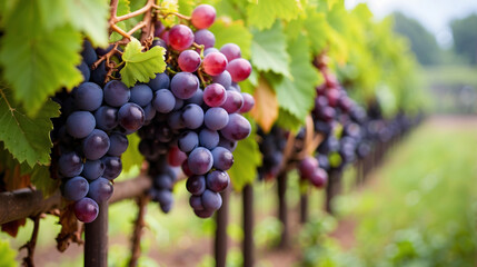 Purple Appetizing ripe grapes during harvest. Farm field Background , outdoor well maintained agriculture field