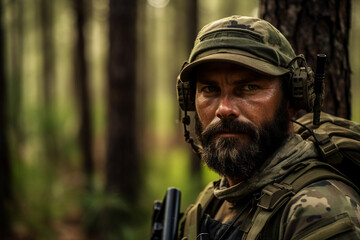 Obraz premium AI generated portrait of confident fully equipped soldier in combat gear in forest