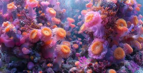 Colorful Coral Reef Teeming with Life Transport your audience to a vibrant underwater world with an image of a coral reef bustling with colorful fish, swaying sea anemones, and intricate coral formati