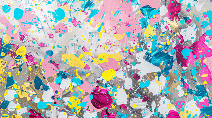 Multi-colored bright abstract splashes of paint on metallic, silver background.