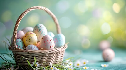 Easter basket filled with hand painted pastel Easter Eggs over a blue background