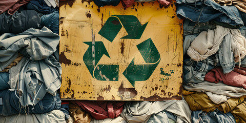 Recycling sign between a lot of old discarded fast fashion clothes