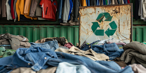 Recycling sign between a lot of old discarded fast fashion clothes