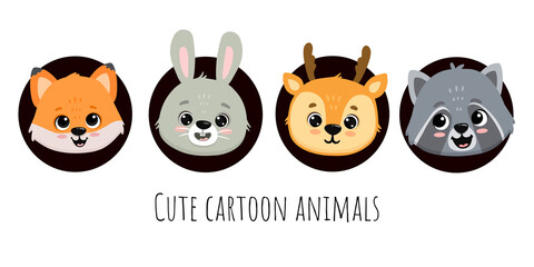 Cute cartoon animals faces fox, rabbit, bunny, deer and raccoon isolated on white. Illustration of forest animals.  © Alina