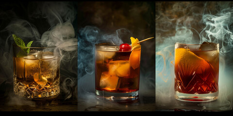 three whisky and rum based short coctails montage in three different photo with smoke and decorated glasses by orange peel lemon cocktail cherry or mint leaf - obrazy, fototapety, plakaty
