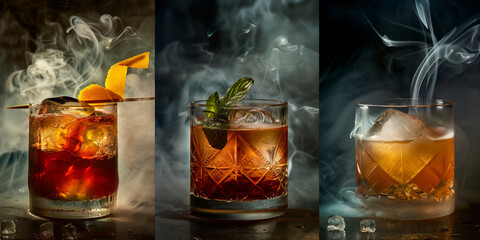 three whisky and rum based short coctails montage in three different photo with smoke and decorated glasses by orange peel lemon or mint leaf - obrazy, fototapety, plakaty