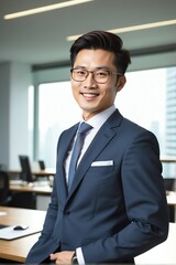Fototapeta premium Portrait of a attractive and happy Taiwanese business man on office background with morning sunlight from Generative AI