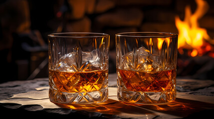 Concept illustration of whiskey bottle with a glass filled with drink on table