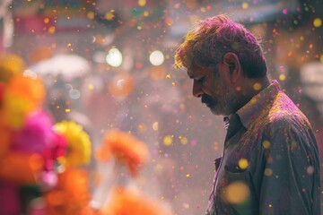 Portrait of an Indian man at the festival of colors in India, Holi. Bright colors. Throwing paints