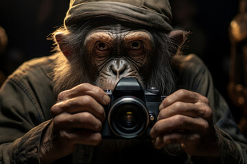 chimpanzee monkey holds a camera in his hands and takes pictures. - obrazy, fototapety, plakaty