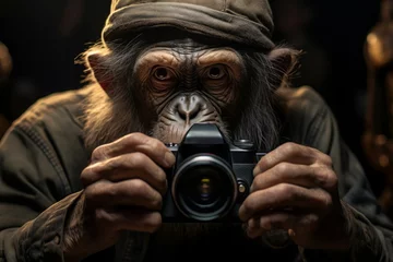 Foto op Plexiglas chimpanzee monkey holds a camera in his hands and takes pictures. © MaskaRad