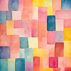 An abstract painting featuring squares of various colors arranged in a geometric pattern. Each square showcases a different hue, creating a vibrant and dynamic composition.