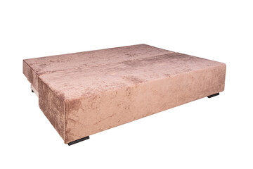Pink unfolded sofa made of velor fabric isolated on a white background. Cushioned furniture.