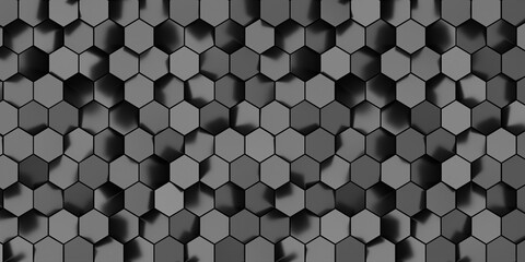 Modern abstract black futuristic hexagon geometric pattern background. hexagonal tiles arranged in a honeycomb style. 3d render graphic for text titles, virtual set or as wall paper.