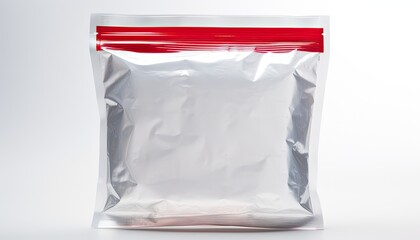 Red and white bag of food on white background.