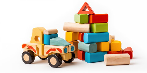 Wooden toys train, car, cubes, pyramid, constructor, blocks. Early development, play, learning. Children's room, nursery, playroom backdrop.