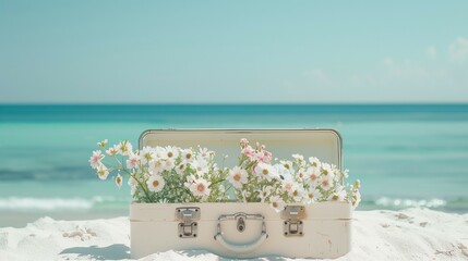 An open vintage white suitcase full of  flowers in the sand on the beach. Minimal summer concept.