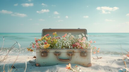 An open vintage white suitcase full of flowers in the sand on the beach. Minimal summer concept.