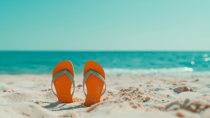 Obraz premium Stylish flip flops in sand on the beach. Minimal summer concept. 