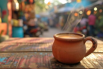 masala chai, tea with spices. Indian street food. Delhi market, Mumbai. Milk tea India - obrazy, fototapety, plakaty