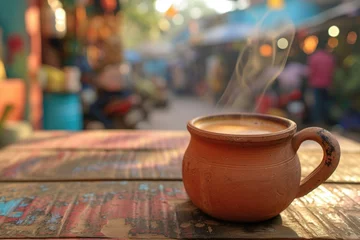 Fotobehang masala chai, tea with spices. Indian street food. Delhi market, Mumbai. Milk tea India © Al
