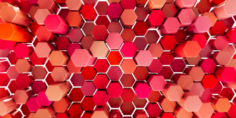 3D Futuristic honeycomb mosaic red background with transparent background. Realistic geometric mesh cells texture. Abstract red wallpaper with hexagon grid.
