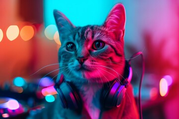 Cute cat DJ in neon colors with headphones and a suit in a nightclub at a party against blurred neon background