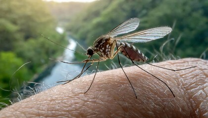 An arthropod, a mosquito, is biting a persons arm - obrazy, fototapety, plakaty
